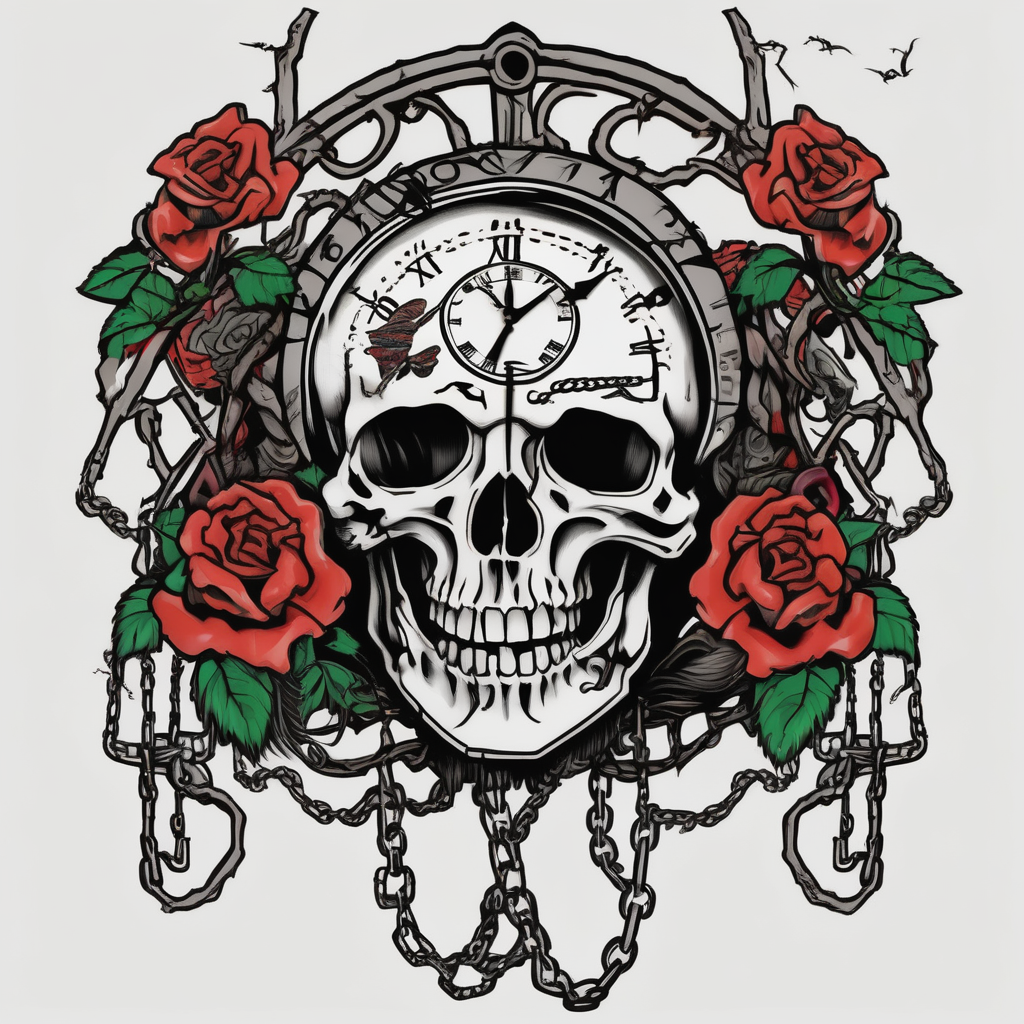 tattoo fool sleeve, tree roots break out of the chains, broken mask, clock with flying numbers, girl, skull, roses hello kitty tattoo, AI-generated Old School tattoo design